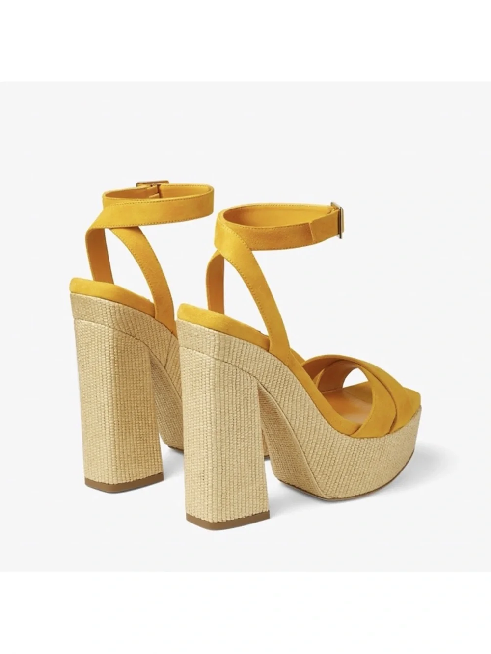New JIMMY CHOO Gaia 140 Sunflower Suede and Natural Raffia Platform Sandals 39.5